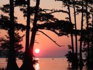 Orange, red, and pink sunset with trees in the river