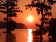 Bright orange and red sunset with trees in the river